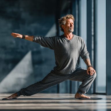 Група літніх людей займається йогою