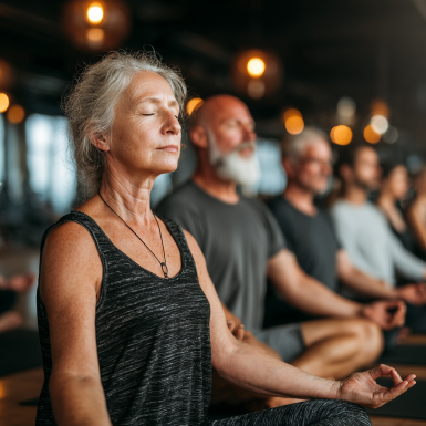 Пожилая женщина занимается йогой